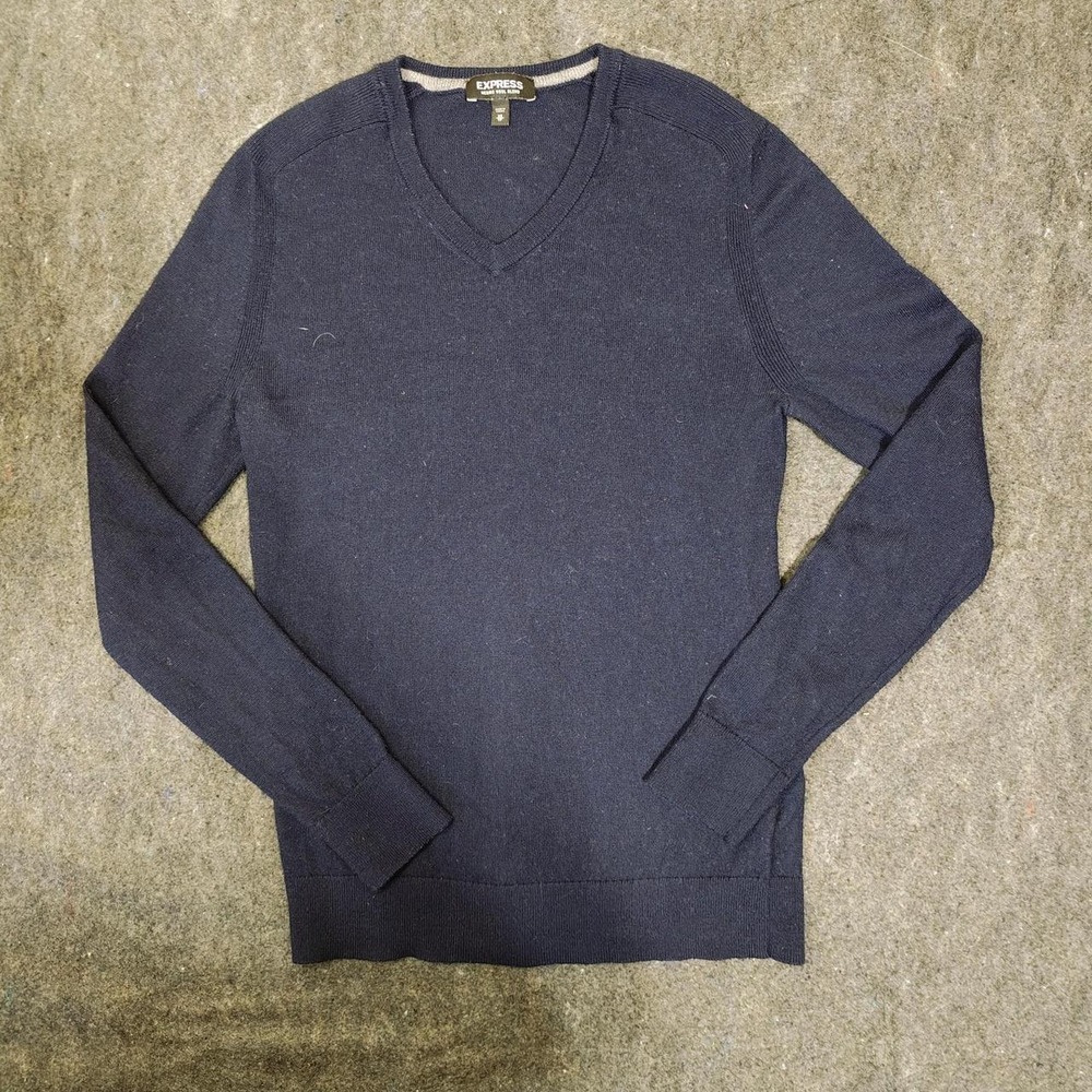 Express Men's Merino Wool Blend V-Neck Sweater - Navy Blue - Size XS